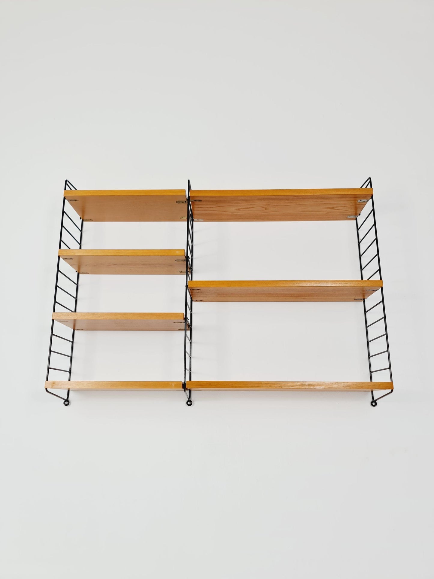 Original MCM Ash wood shelving system - consists of Black lacquered metal ladders, from string Stockholm 1960s