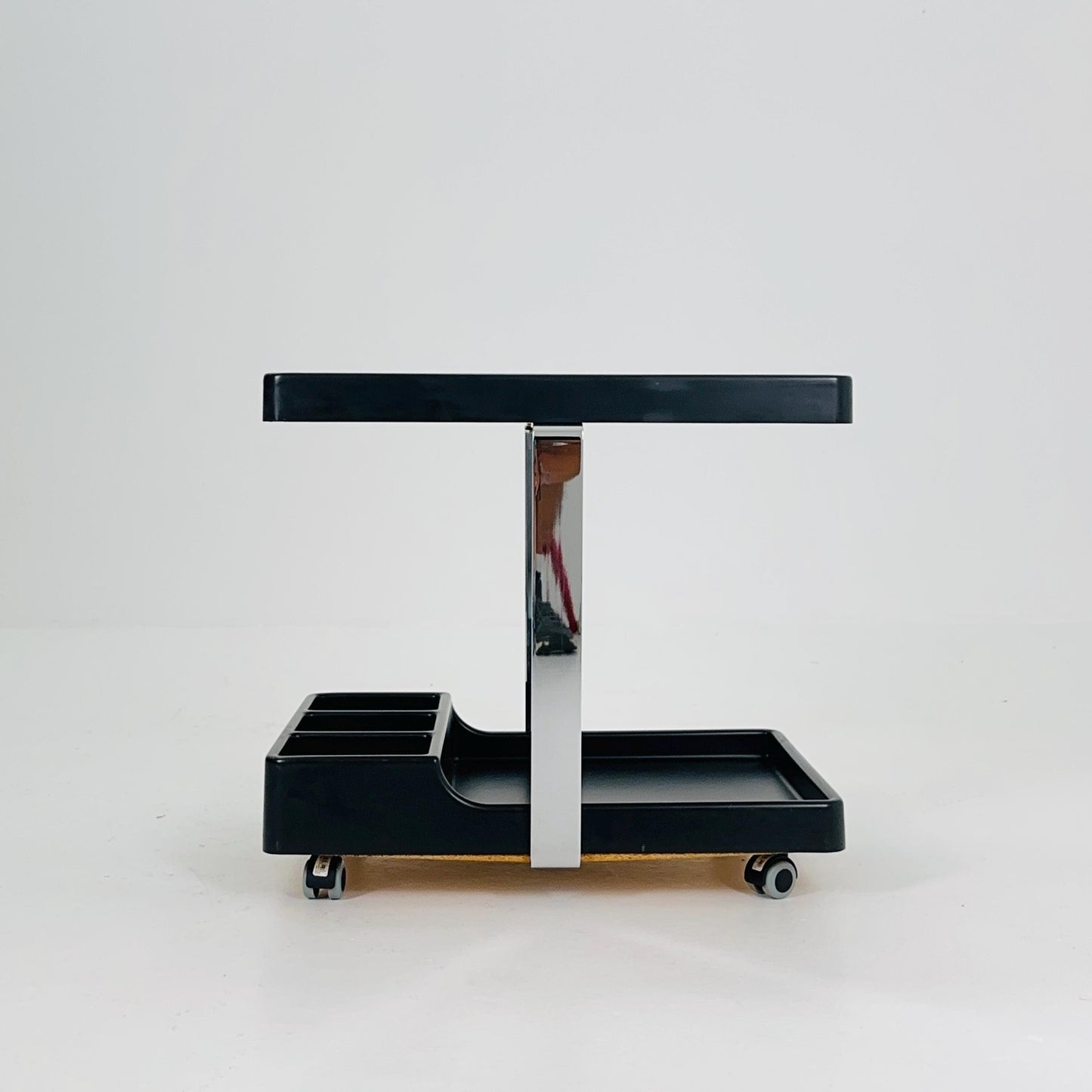 Mid Century Modern Black Bar Cart / Trolley Side Table – Chrome Frame, Italy 1980s