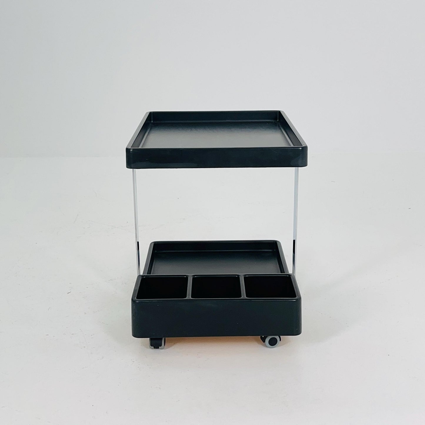 Mid Century Modern Black Bar Cart / Trolley Side Table – Chrome Frame, Italy 1980s