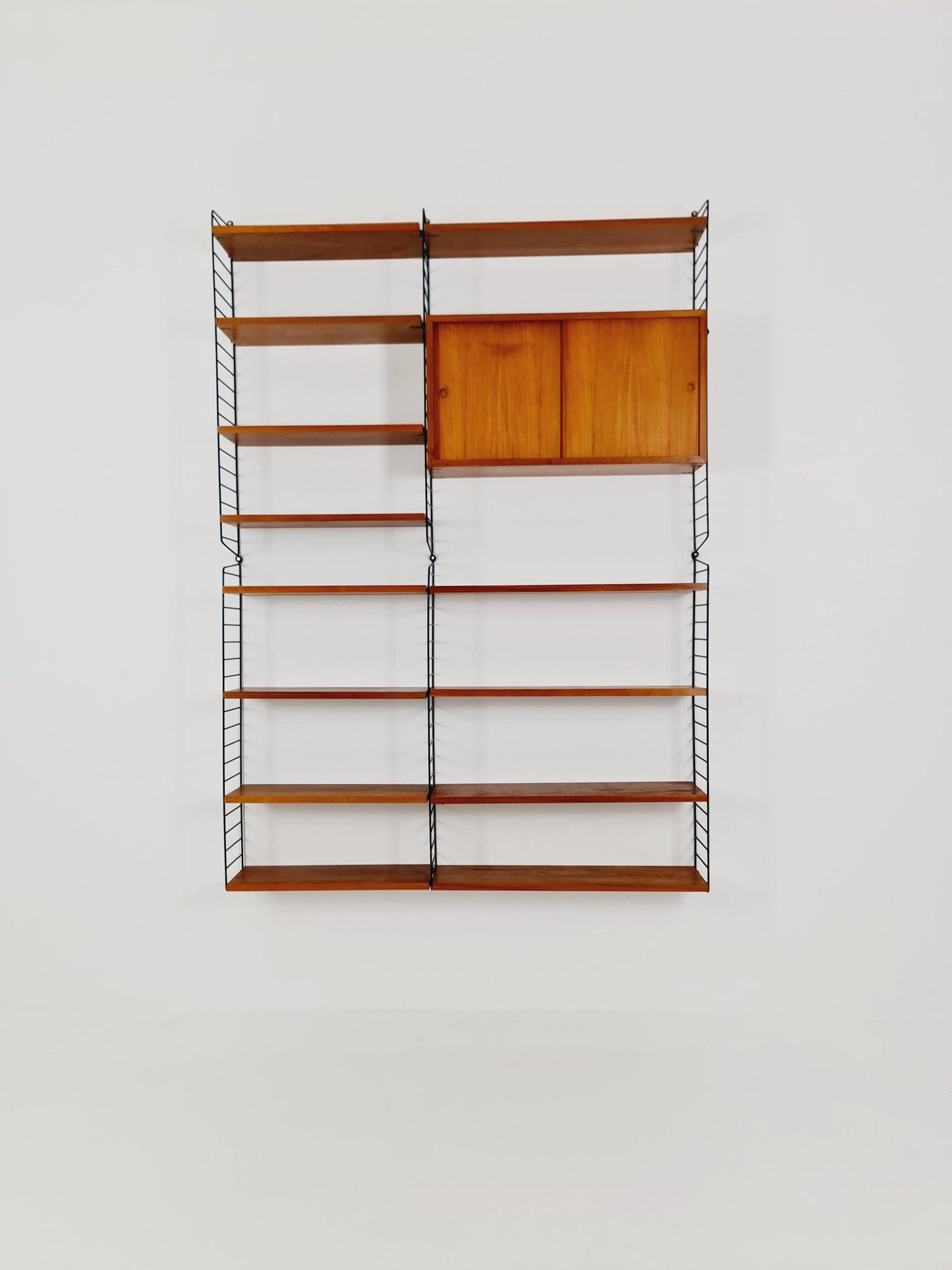Wall-mounted original Swedish string shelf-system, bookcase Walnut by Nils & Kajsa Strinning, 1960s