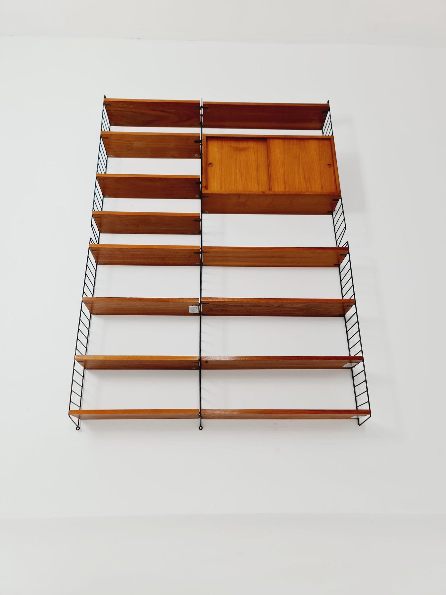 Wall-mounted original Swedish string shelf-system, bookcase Walnut by Nils & Kajsa Strinning, 1960s
