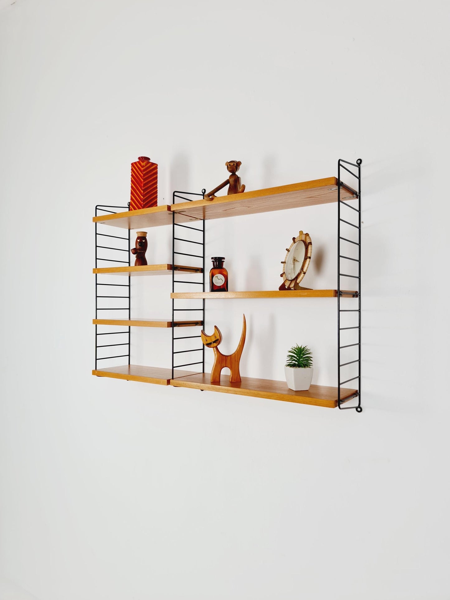 Original MCM Ash wood shelving system - consists of Black lacquered metal ladders, from string Stockholm 1960s