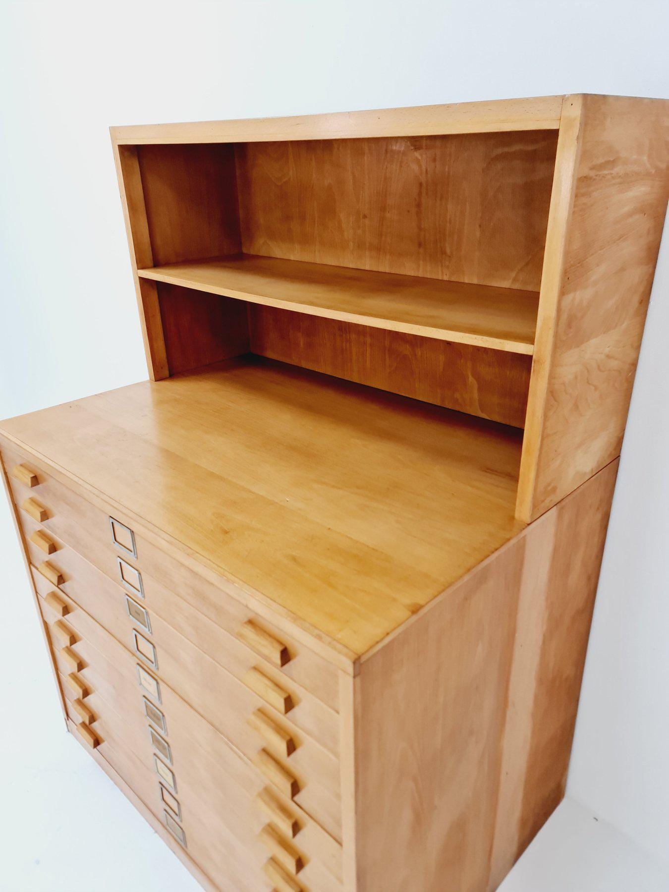 Rare Mid-Century Bauhaus Oak Flat File Cabinet – Large Architect’s Plans Organizer with Bookshelves – Germany 1950s
