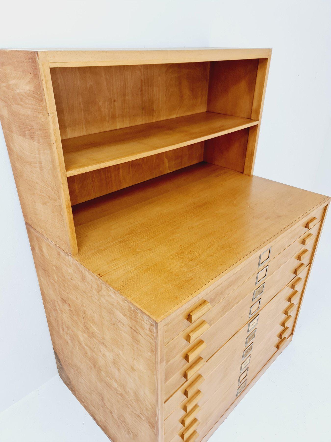 Rare Mid-Century Bauhaus Oak Flat File Cabinet – Large Architect’s Plans Organizer with Bookshelves – Germany 1950s