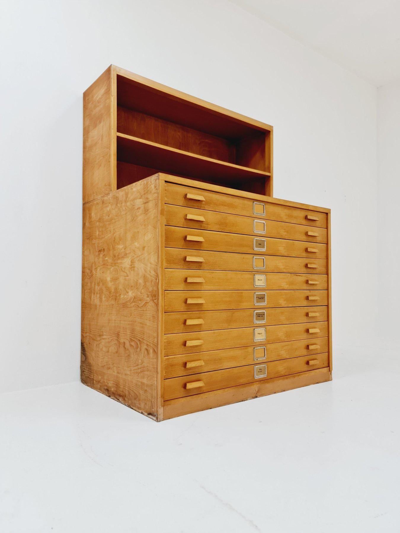 Rare Mid-Century Bauhaus Oak Flat File Cabinet – Large Architect’s Plans Organizer with Bookshelves – Germany 1950s