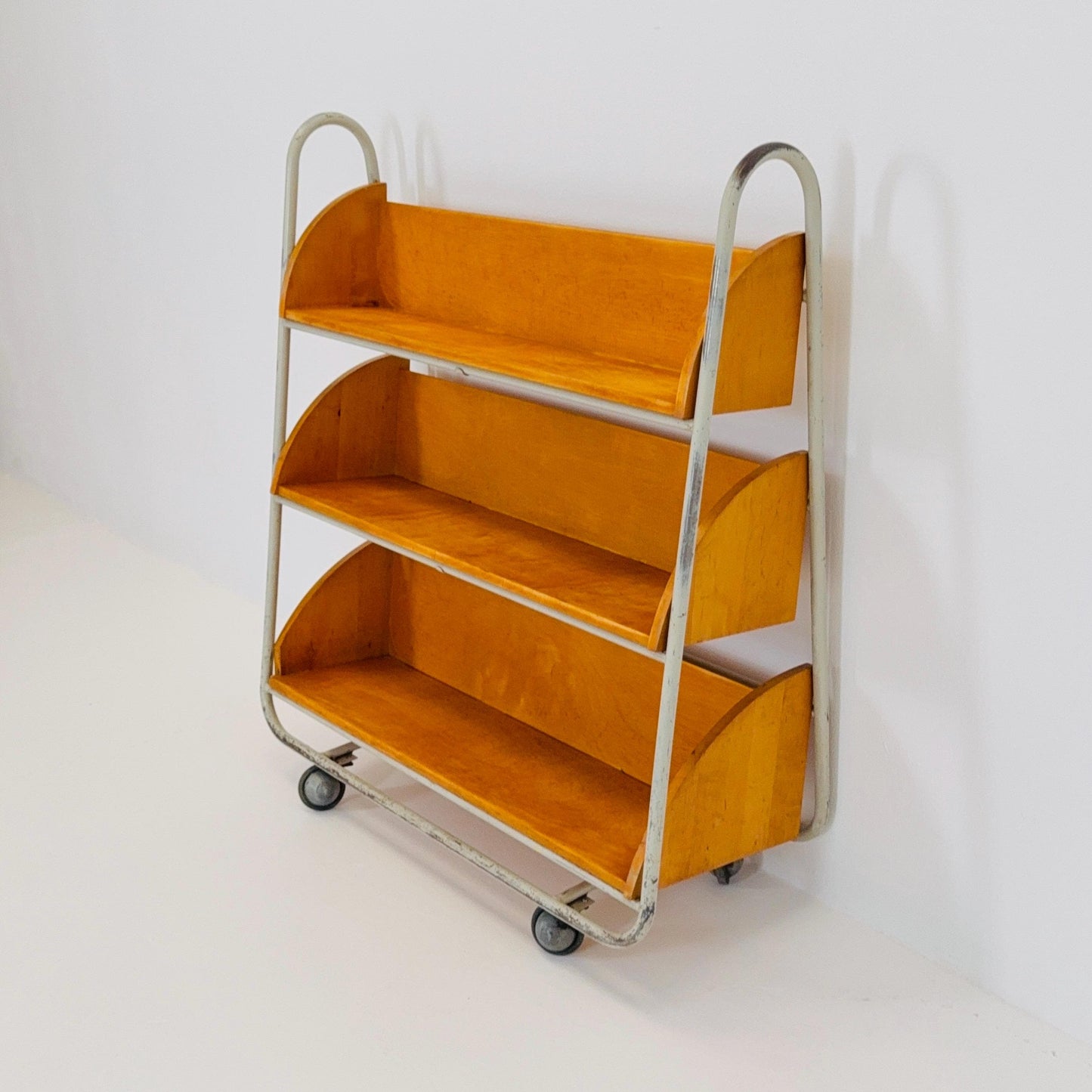 Rare Mid-Century Industrial Library Bookcase – Lacquered Steel & Pine Shelves on Wheels Sweden 1960s