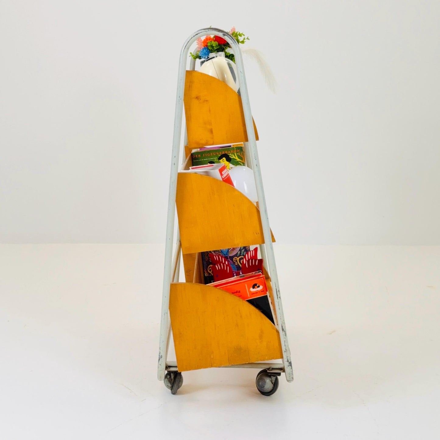Rare Mid-Century Industrial Library Bookcase – Lacquered Steel & Pine Shelves on Wheels Sweden 1960s