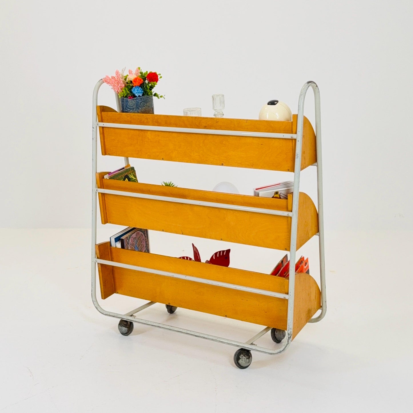 Rare Mid-Century Industrial Library Bookcase – Lacquered Steel & Pine Shelves on Wheels Sweden 1960s