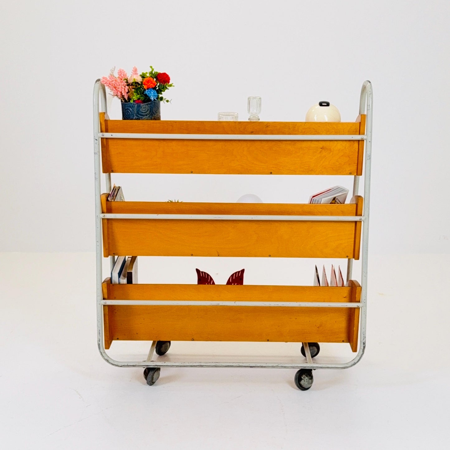 Rare Mid-Century Industrial Library Bookcase – Lacquered Steel & Pine Shelves on Wheels Sweden 1960s