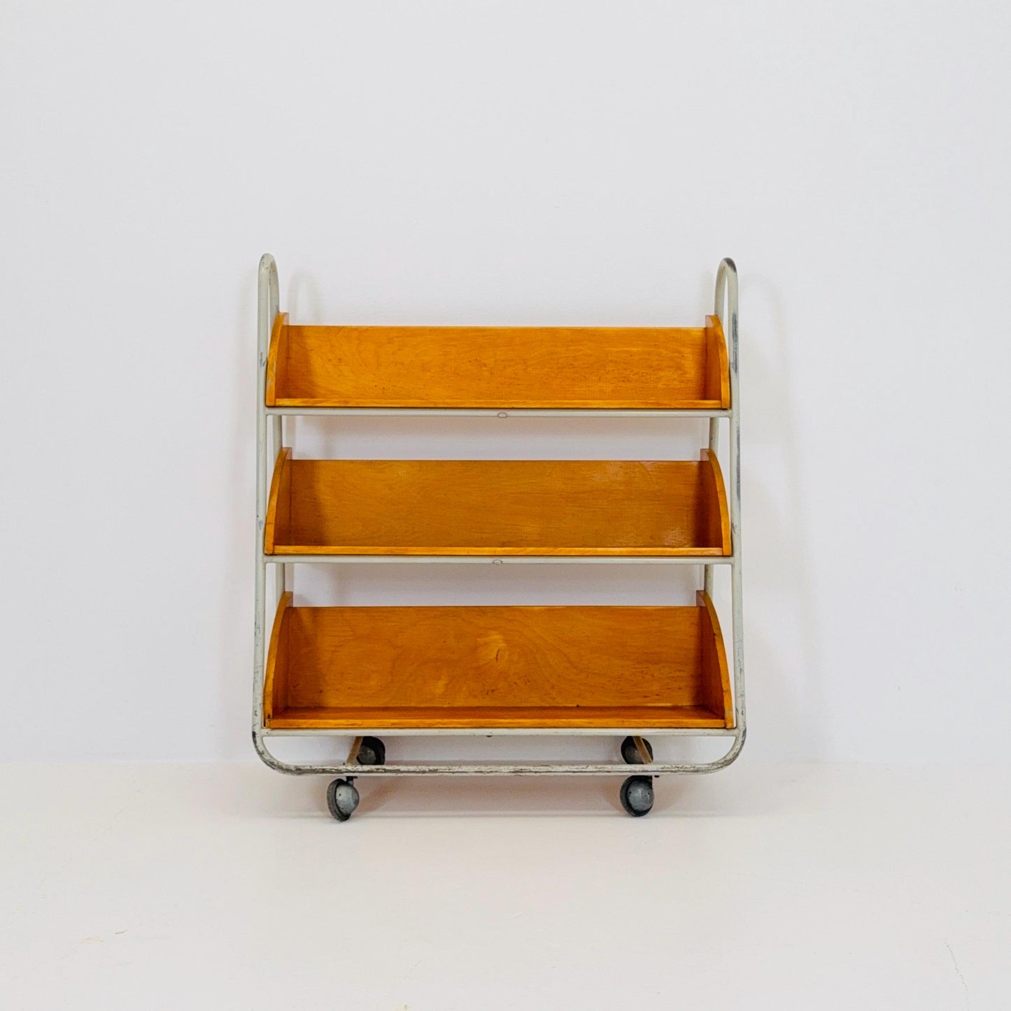 Rare Mid-Century Industrial Library Bookcase – Lacquered Steel & Pine Shelves on Wheels Sweden 1960s