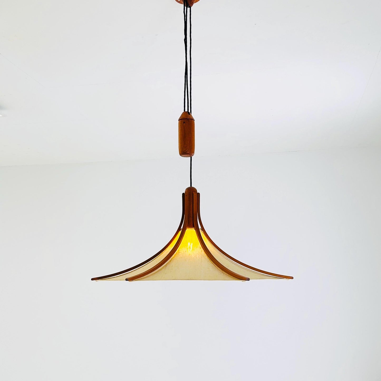 Mid century Wooden Pendant Light with Textile Shade by Domus Germany, 1970s