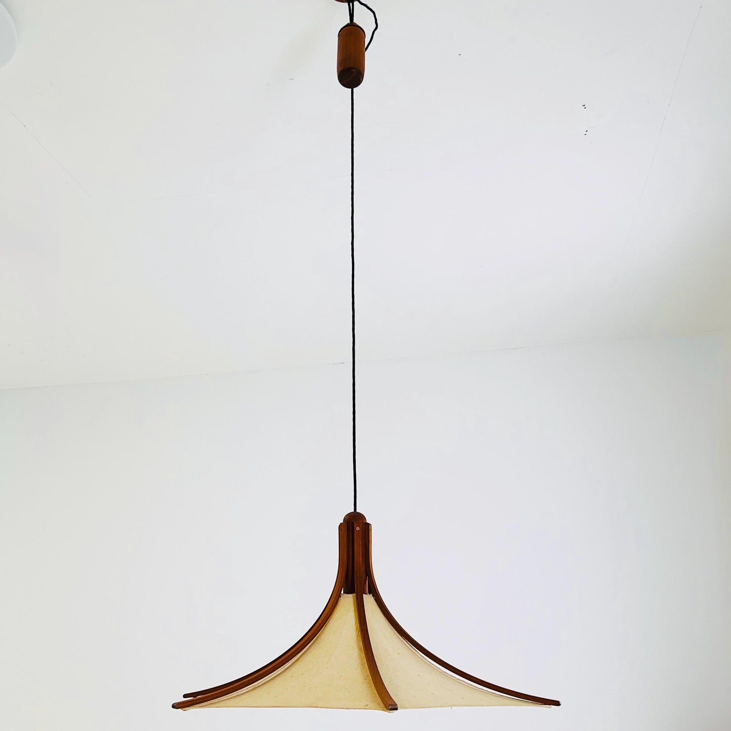Mid century Wooden Pendant Light with Textile Shade by Domus Germany, 1970s