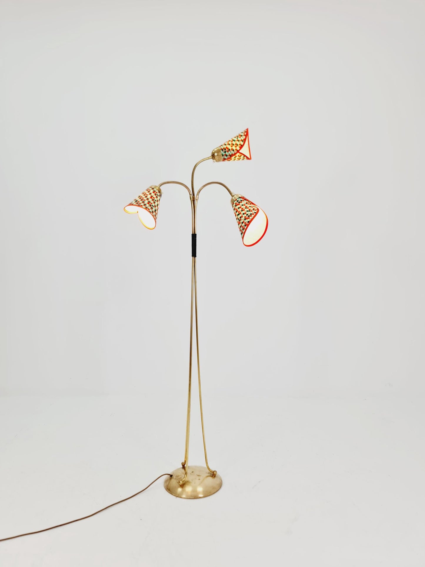 German Modern Colorful three flex arms brass floor lamp, tütenlampe, 1950s