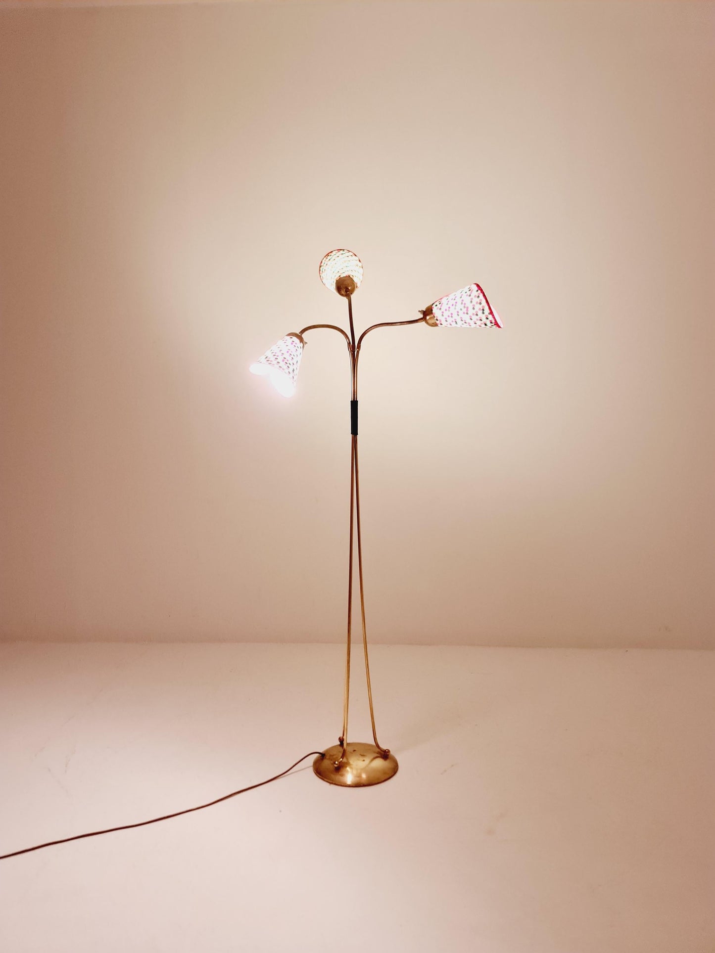 German Modern Colorful three flex arms brass floor lamp, tütenlampe, 1950s