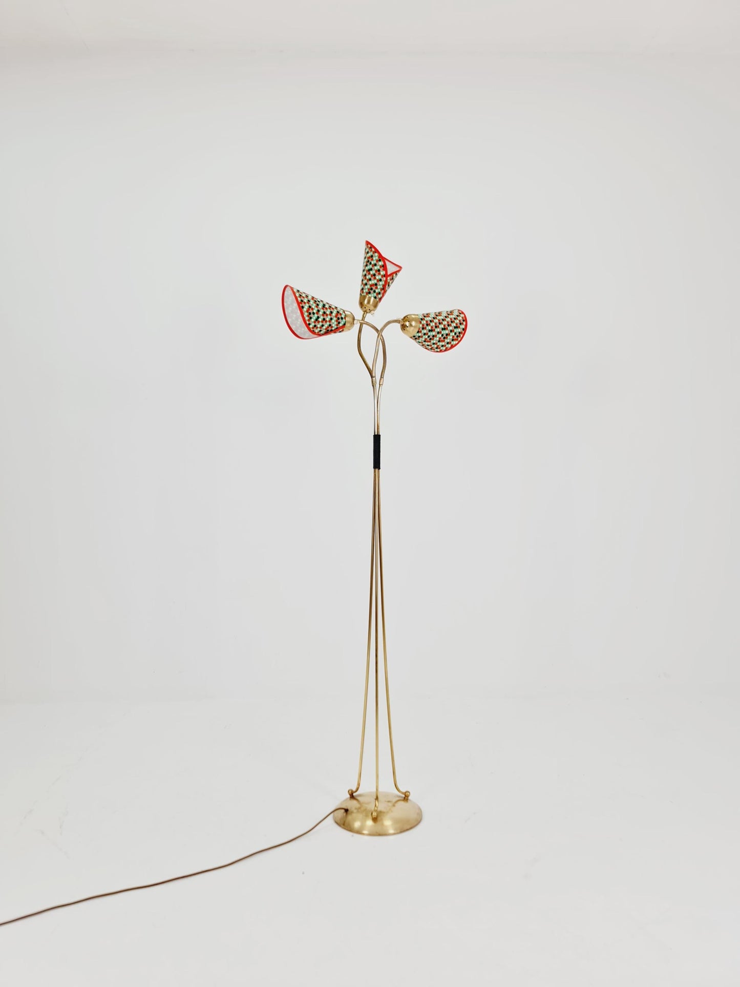 German Modern Colorful three flex arms brass floor lamp, tütenlampe, 1950s