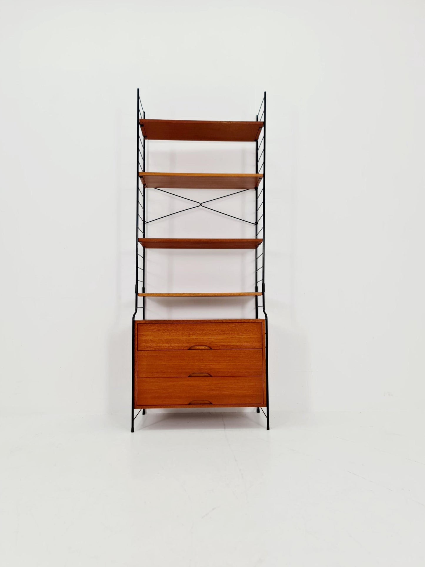 Free standing String shelf-system, bookcase with cabinet teak by WHB Germany, 1950s