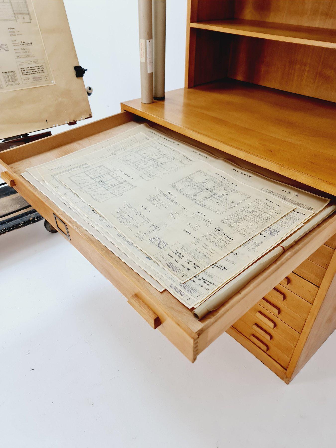 Rare Mid-Century Bauhaus Oak Flat File Cabinet – Large Architect’s Plans Organizer with Bookshelves – Germany 1950s