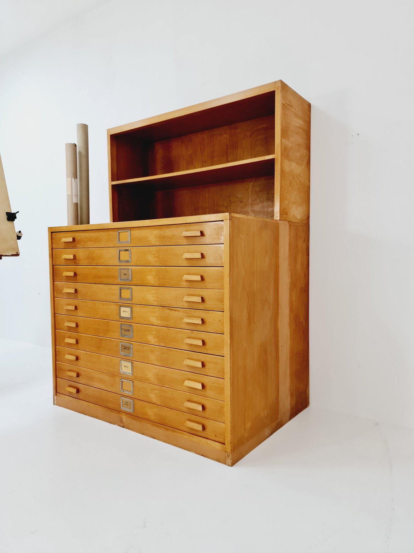 Rare Mid-Century Bauhaus Oak Flat File Cabinet – Large Architect’s Plans Organizer with Bookshelves – Germany 1950s