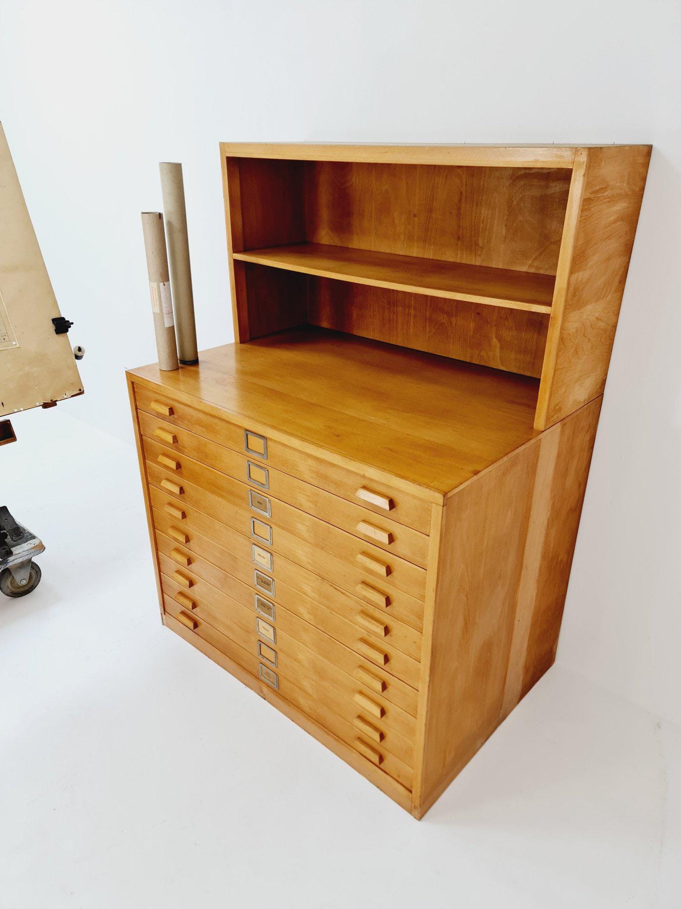Rare Mid-Century Bauhaus Oak Flat File Cabinet – Large Architect’s Plans Organizer with Bookshelves – Germany 1950s