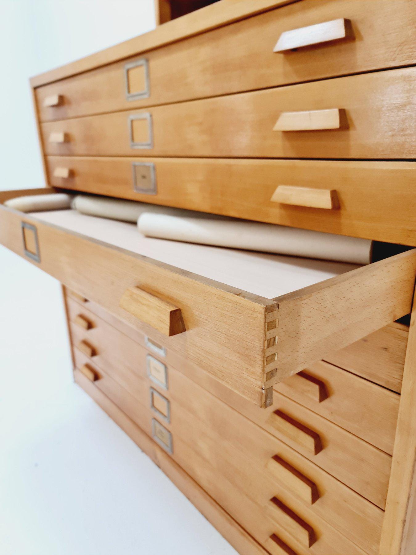 Rare Mid-Century Bauhaus Oak Flat File Cabinet – Large Architect’s Plans Organizer with Bookshelves – Germany 1950s