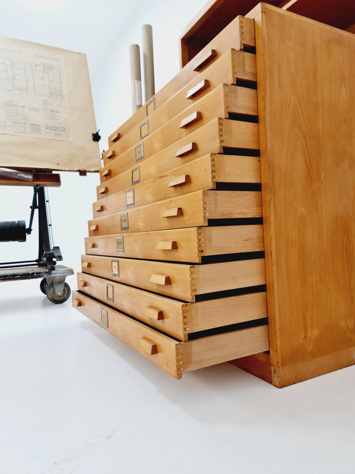 Rare Mid-Century Bauhaus Oak Flat File Cabinet – Large Architect’s Plans Organizer with Bookshelves – Germany 1950s