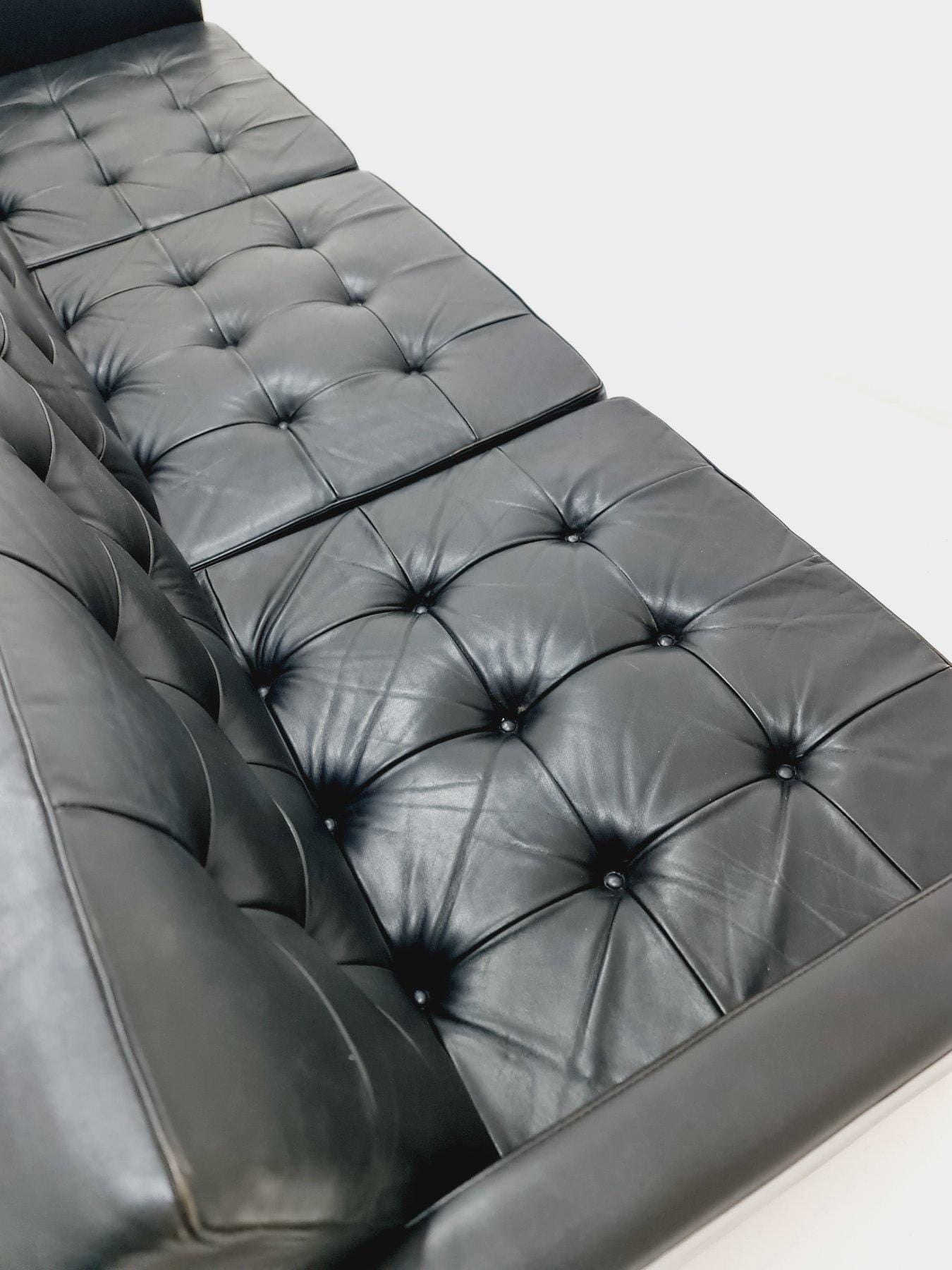 Rare Mid-Century Florence Knoll Bassett Set – Three-Seat Sofa & Two Armchairs – Black Leather – Knoll International , 1950s Germany