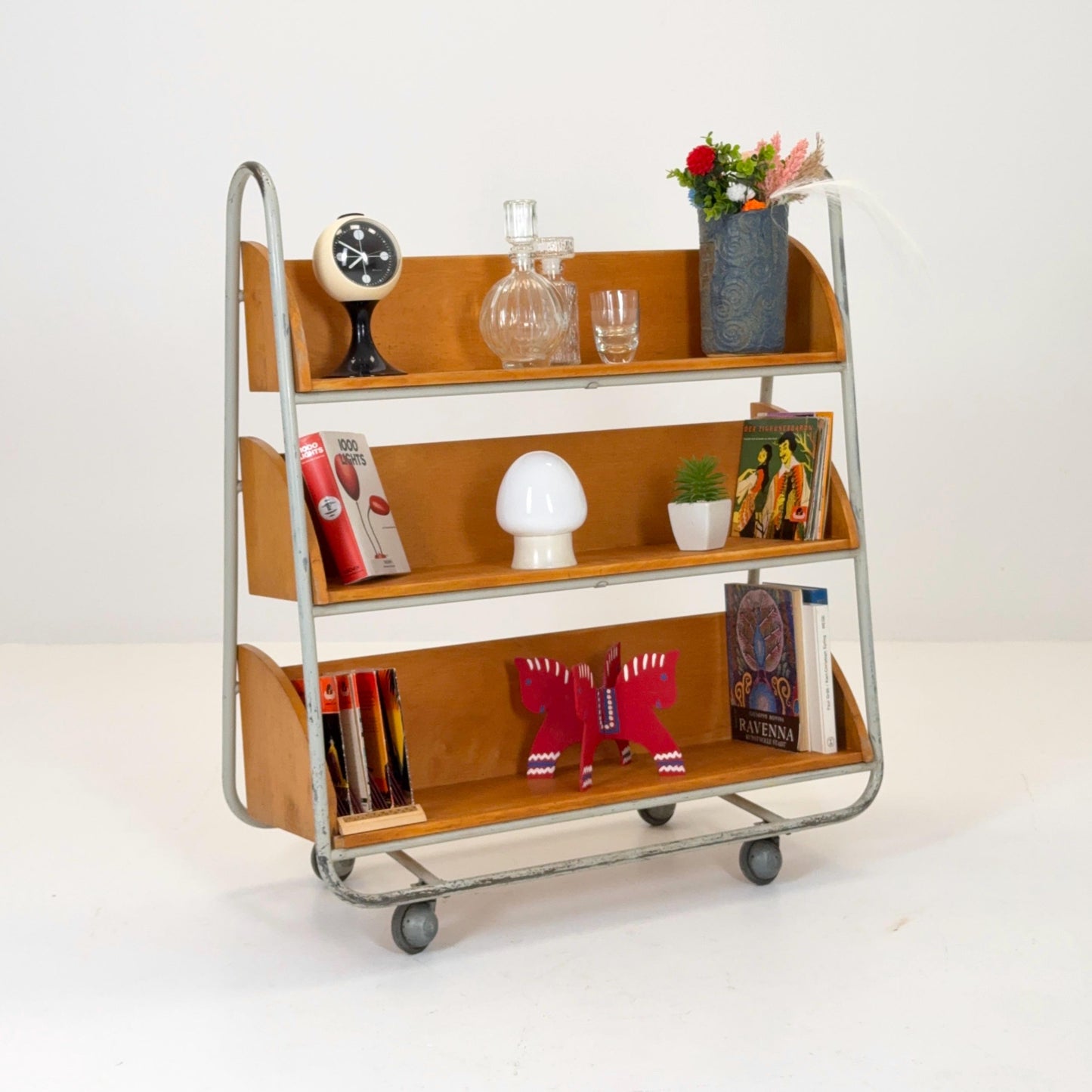 Rare Mid-Century Industrial Library Bookcase – Lacquered Steel & Pine Shelves on Wheels Sweden 1960s