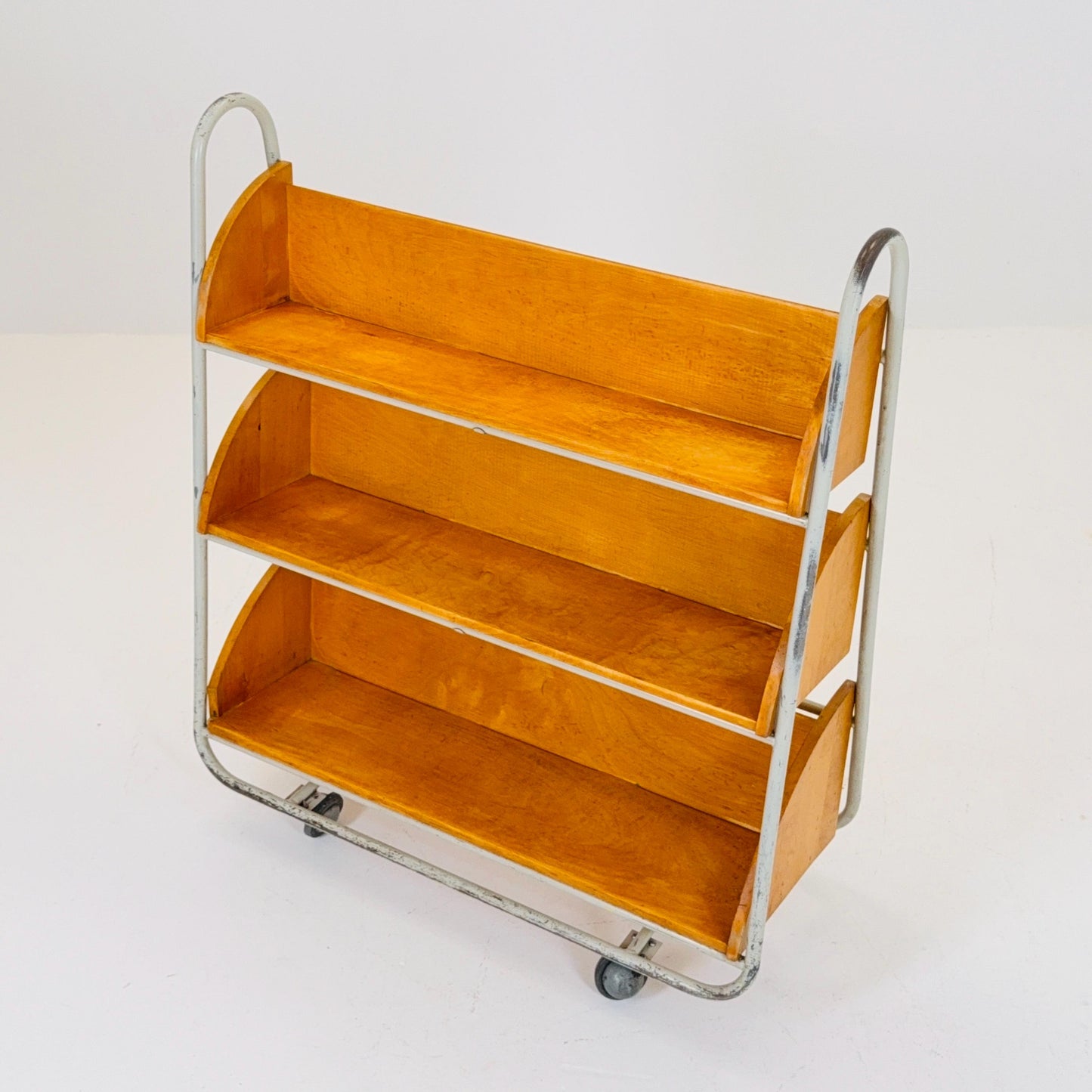 Rare Mid-Century Industrial Library Bookcase – Lacquered Steel & Pine Shelves on Wheels Sweden 1960s