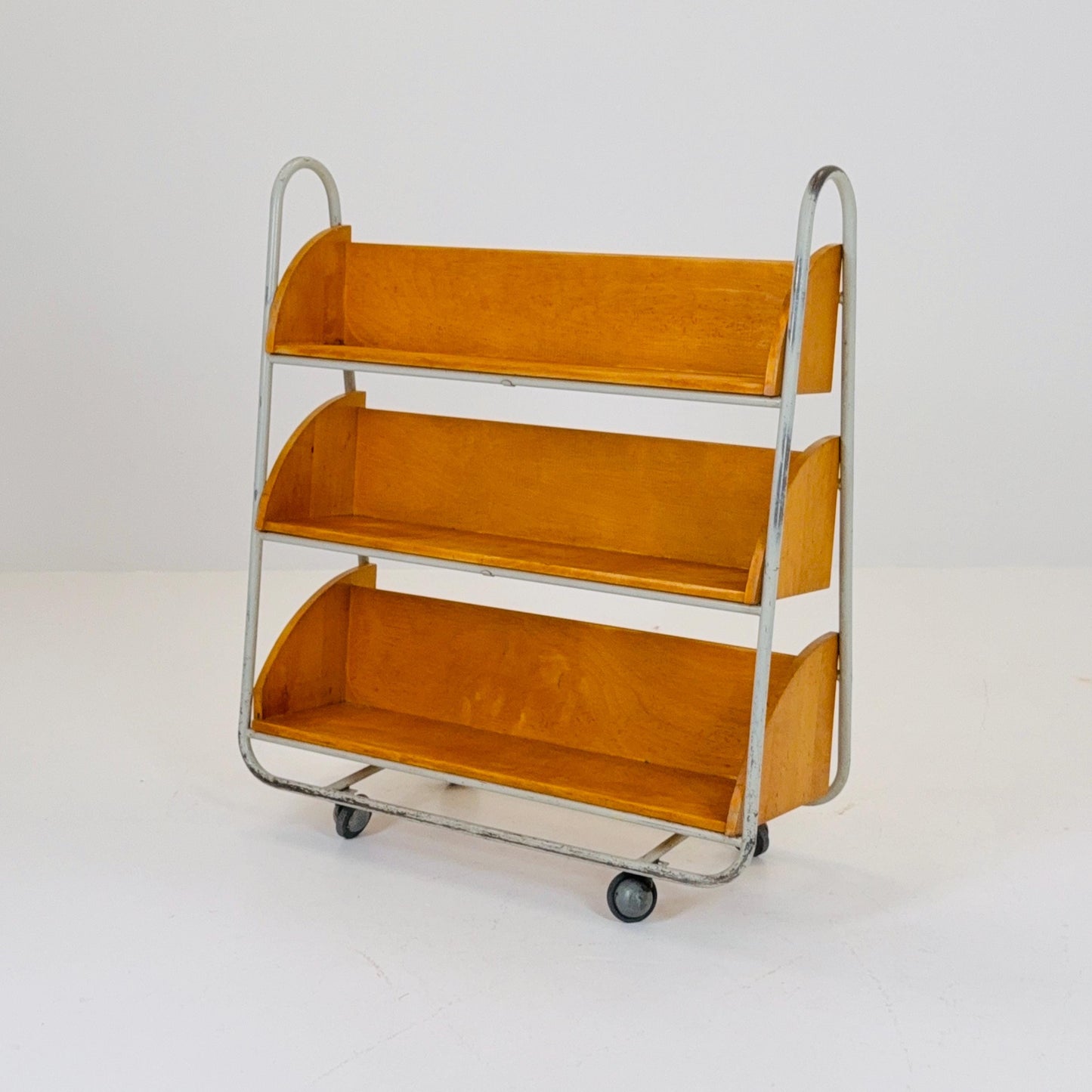 Rare Mid-Century Industrial Library Bookcase – Lacquered Steel & Pine Shelves on Wheels Sweden 1960s