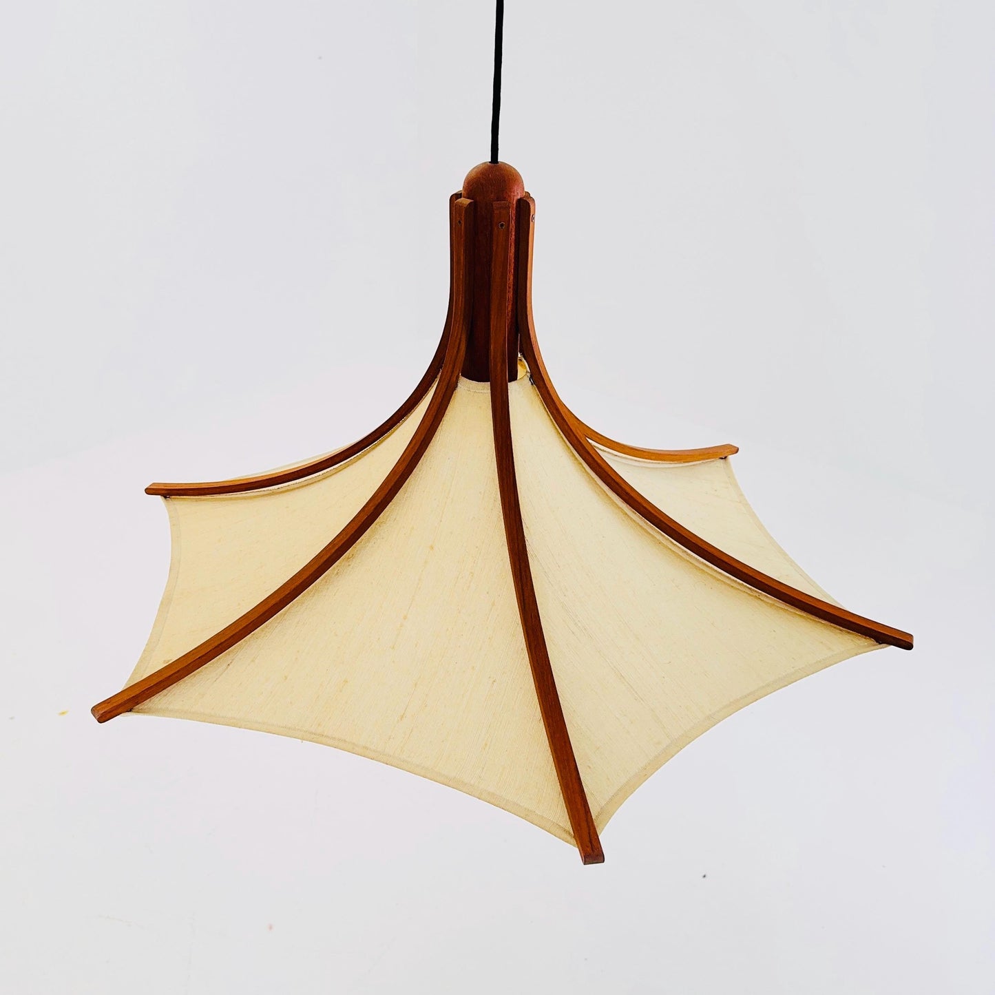 Mid century Wooden Pendant Light with Textile Shade by Domus Germany, 1970s