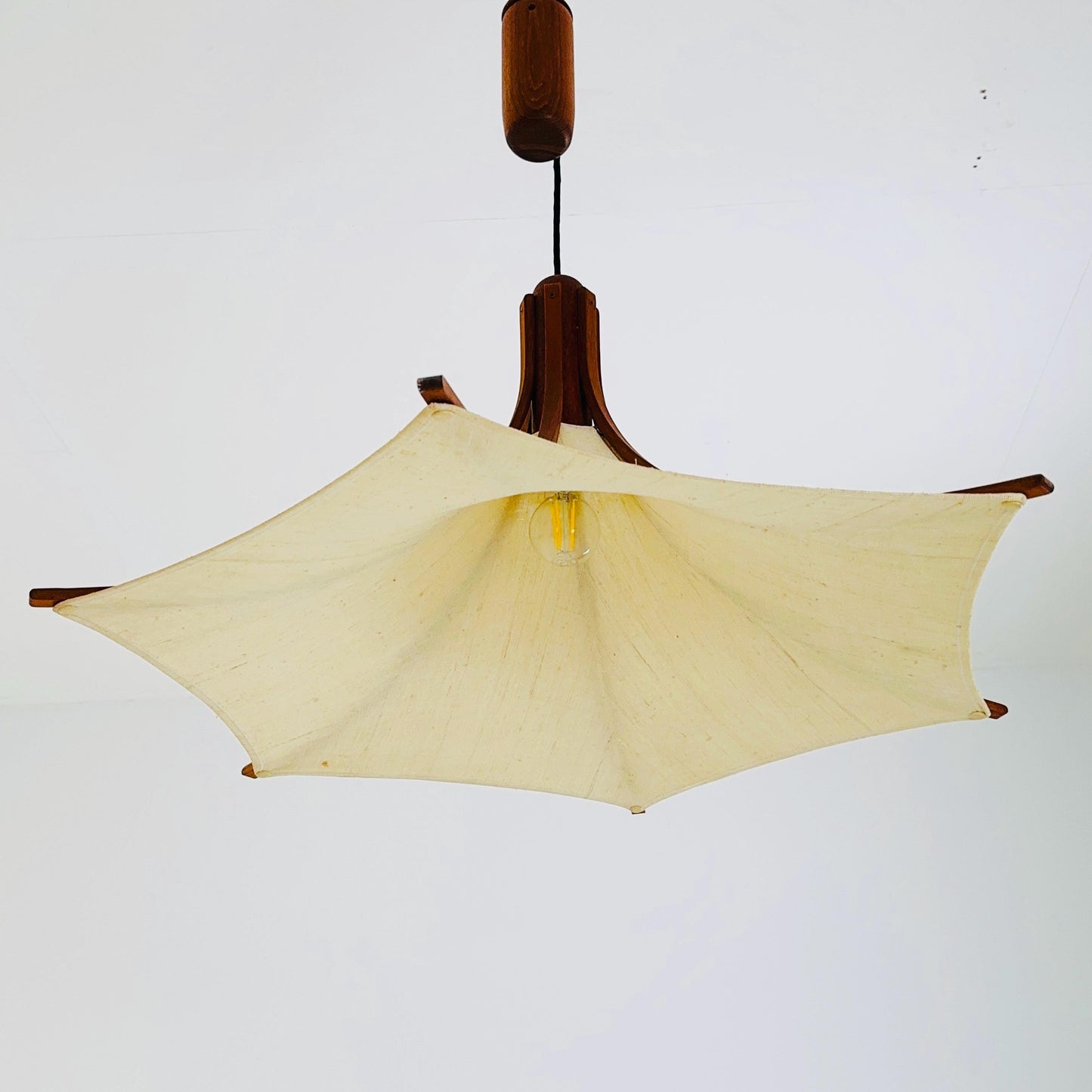 Mid century Wooden Pendant Light with Textile Shade by Domus Germany, 1970s