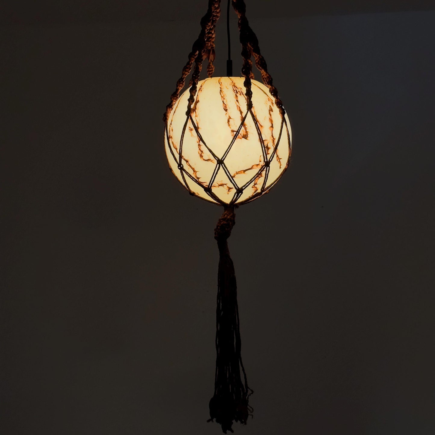 Mid century Handmade Woven Sisal & Glass Hanging Lamp – 1970s Germany
