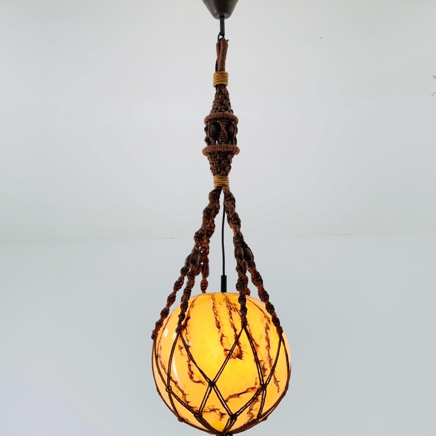 Mid century Handmade Woven Sisal & Glass Hanging Lamp – 1970s Germany