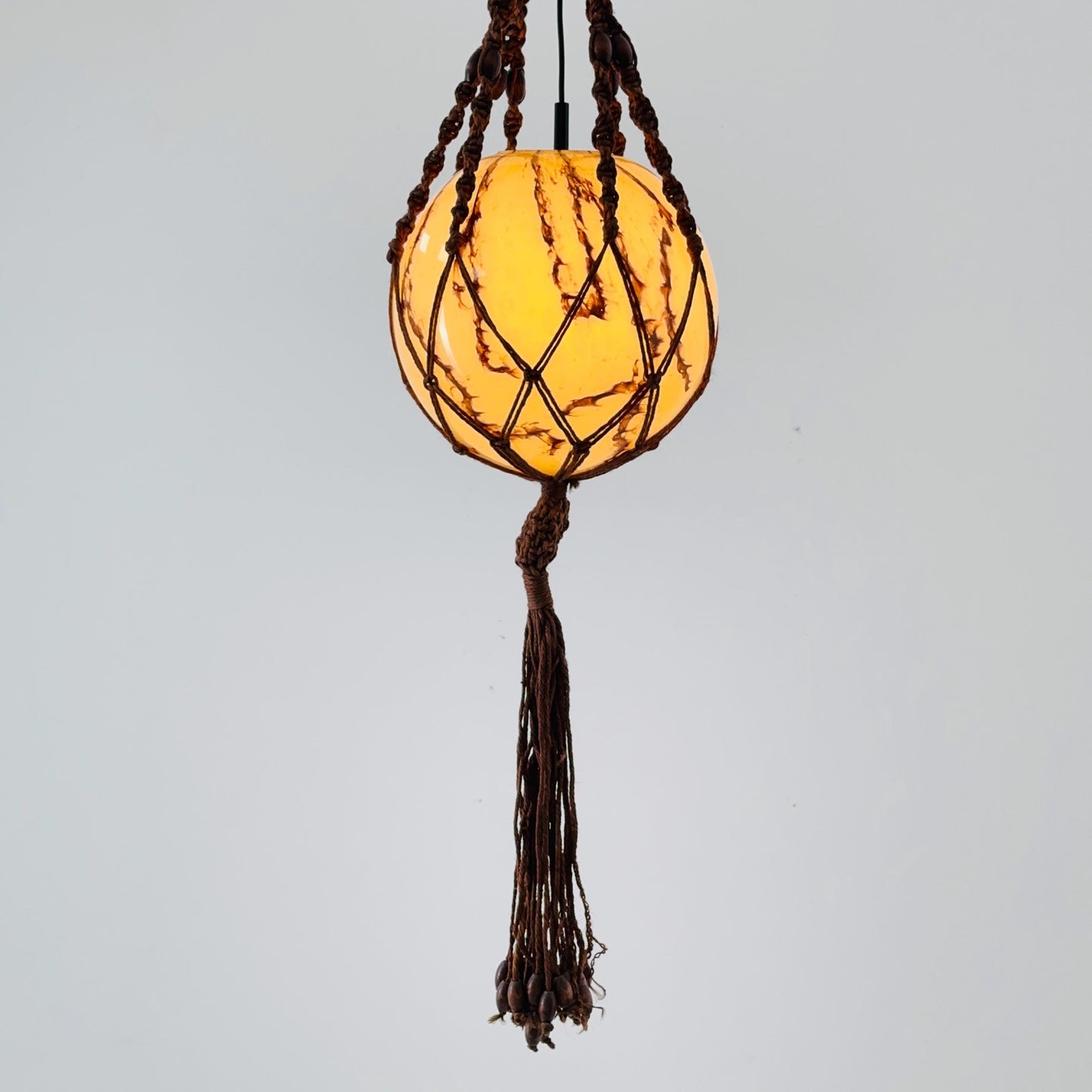 Mid century Handmade Woven Sisal & Glass Hanging Lamp – 1970s Germany