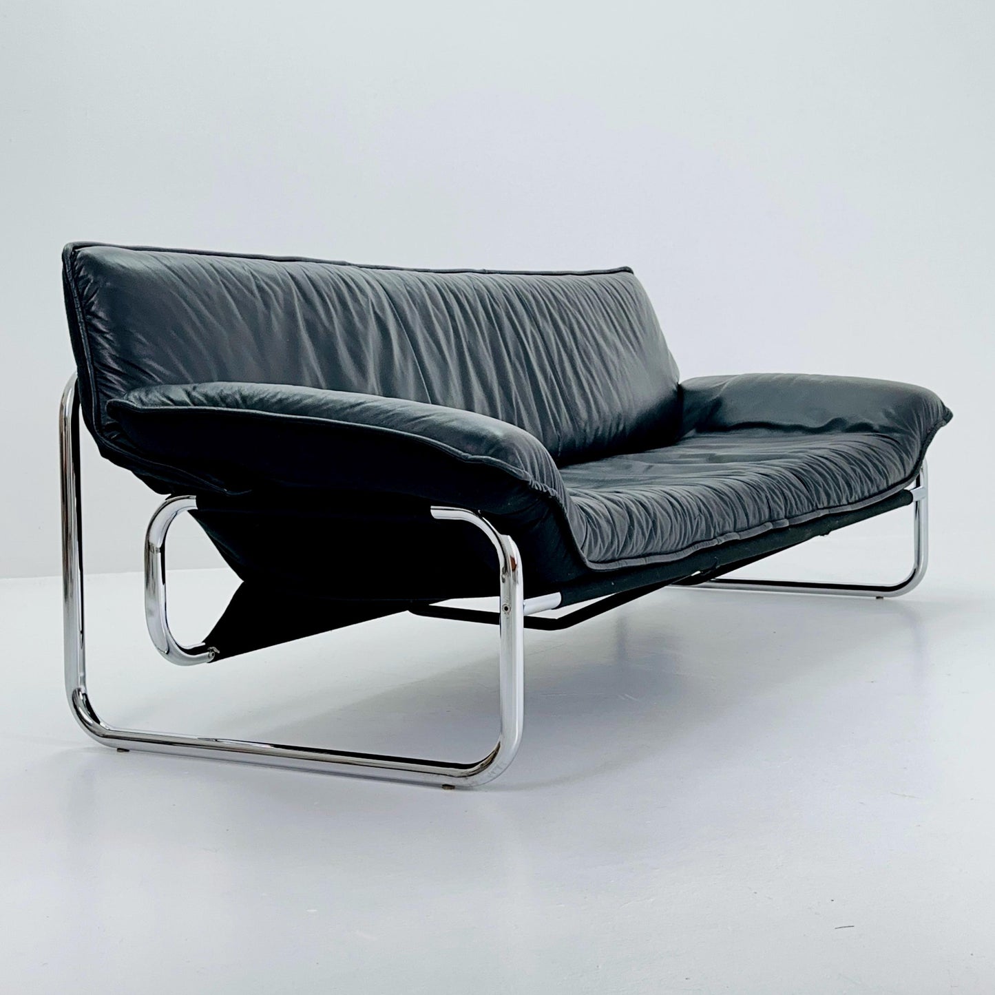 Mid century Black leather 3-seater sofa by Johan Bertil Häggström for Ikea 1980s Sweden
