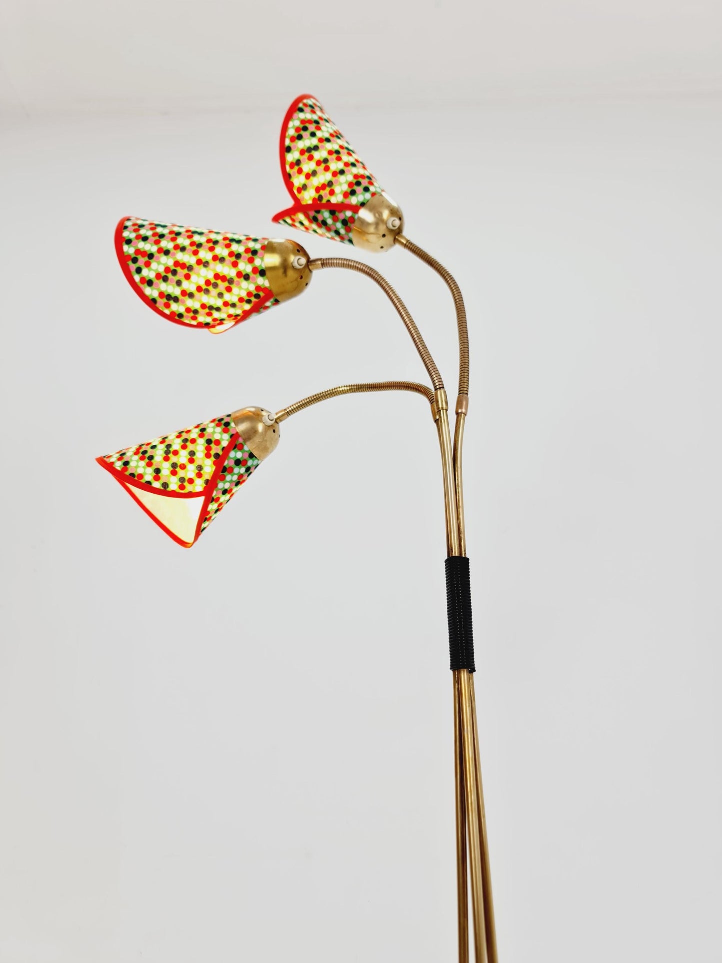 German Modern Colorful three flex arms brass floor lamp, tütenlampe, 1950s