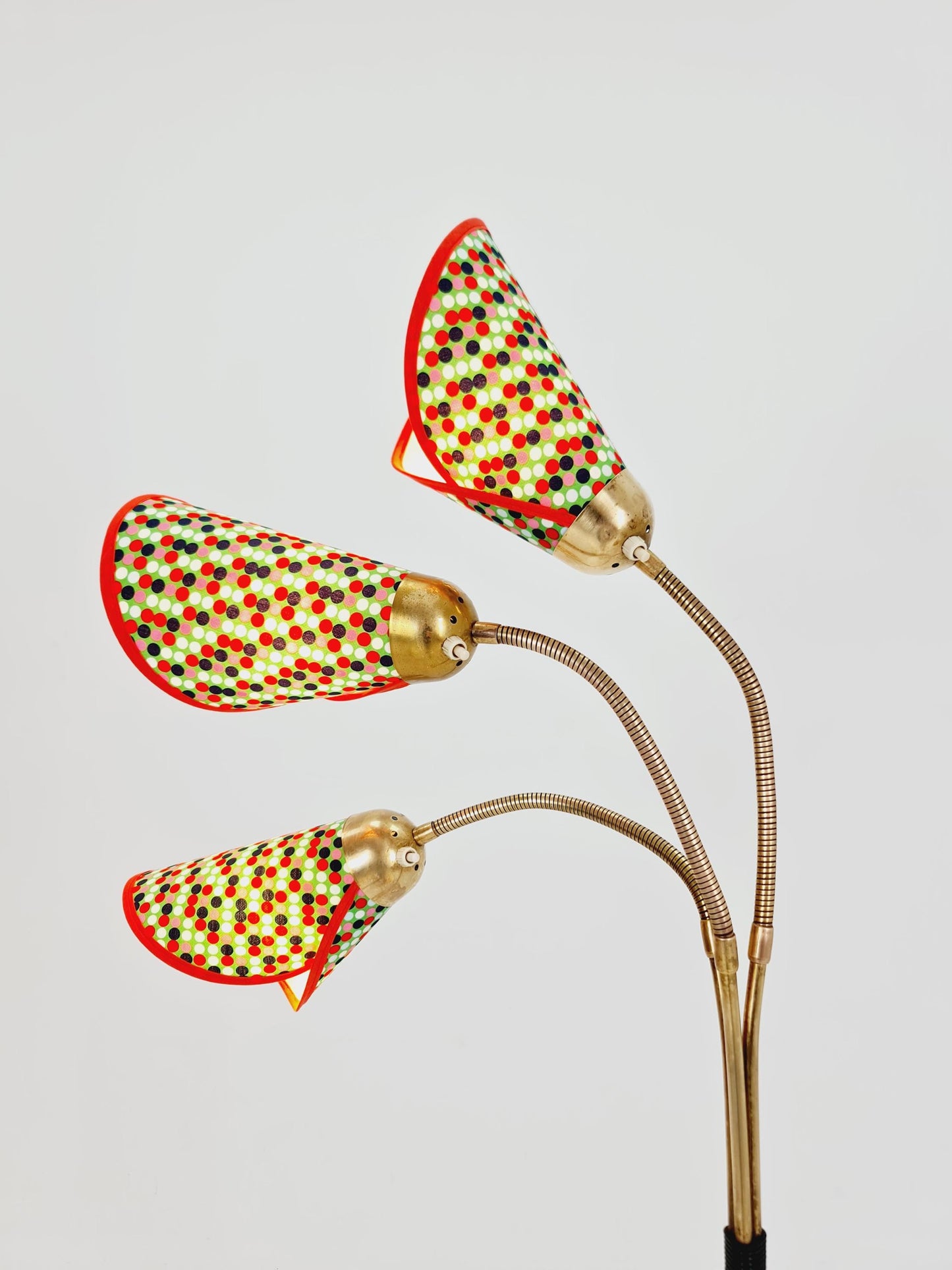 German Modern Colorful three flex arms brass floor lamp, tütenlampe, 1950s