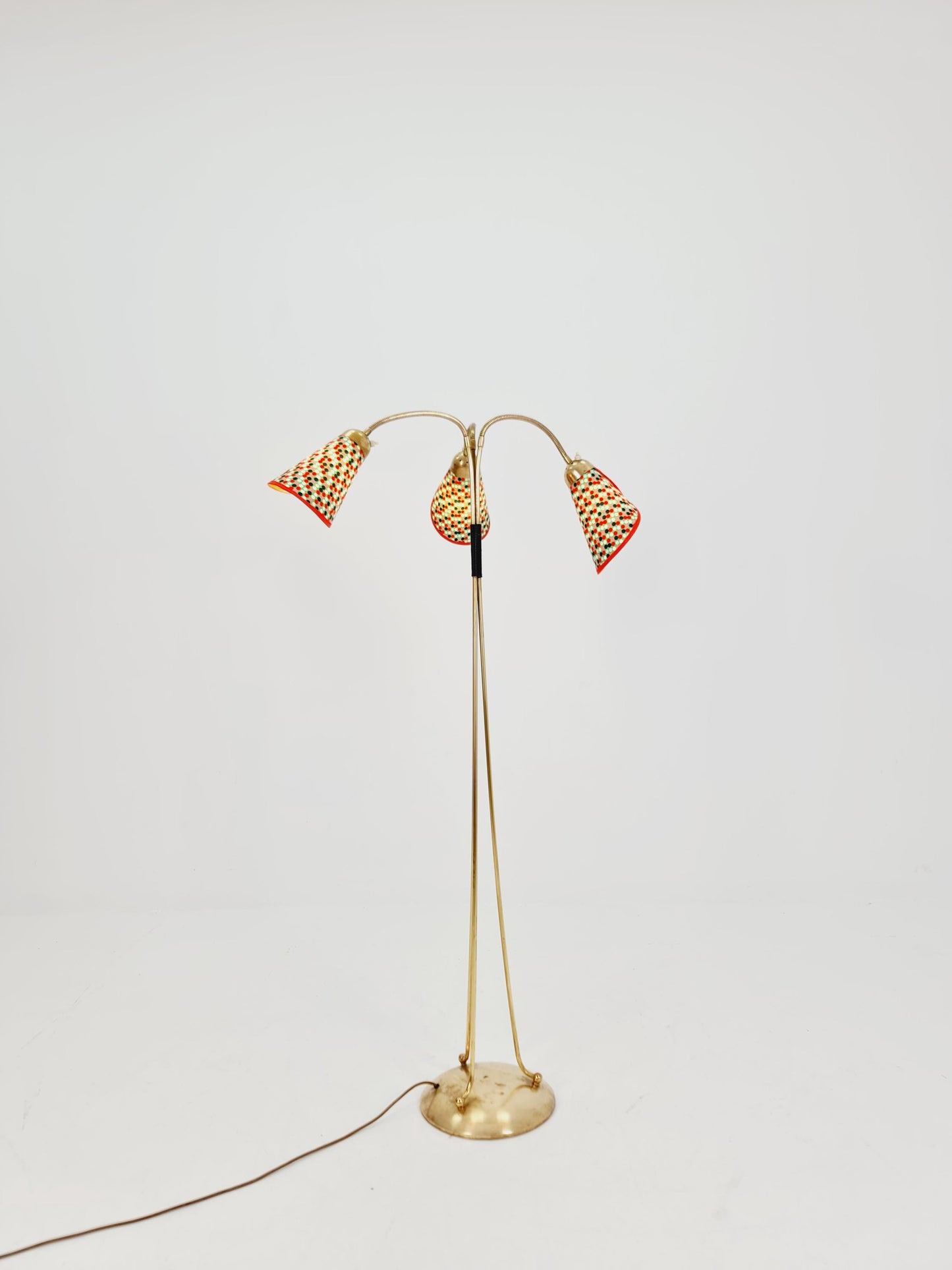 German Modern Colorful three flex arms brass floor lamp, tütenlampe, 1950s