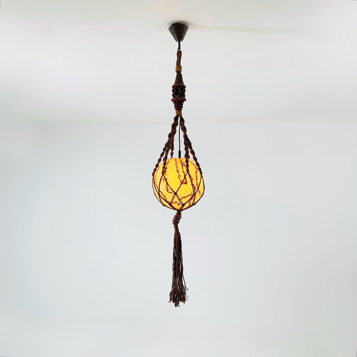 Mid century Handmade Woven Sisal & Glass Hanging Lamp – 1970s Germany