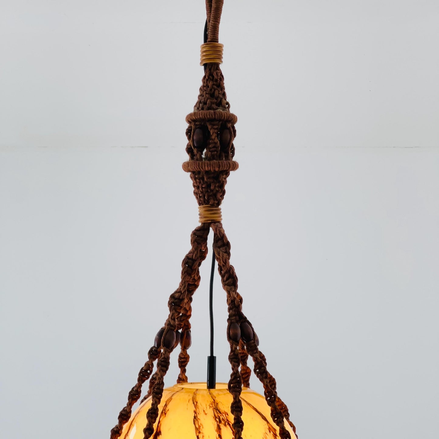 Mid century Handmade Woven Sisal & Glass Hanging Lamp – 1970s Germany