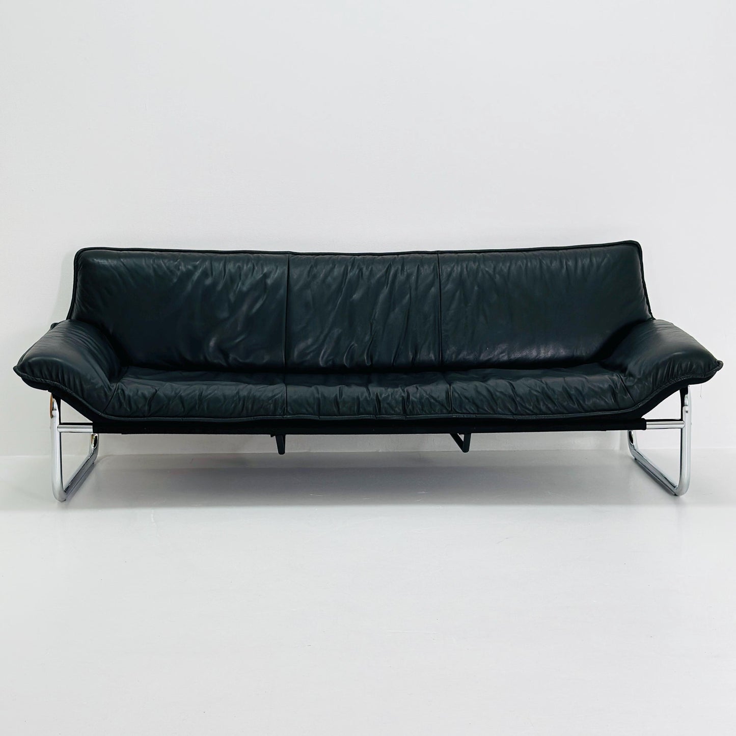 Mid century Black leather 3-seater sofa by Johan Bertil Häggström for Ikea 1980s Sweden