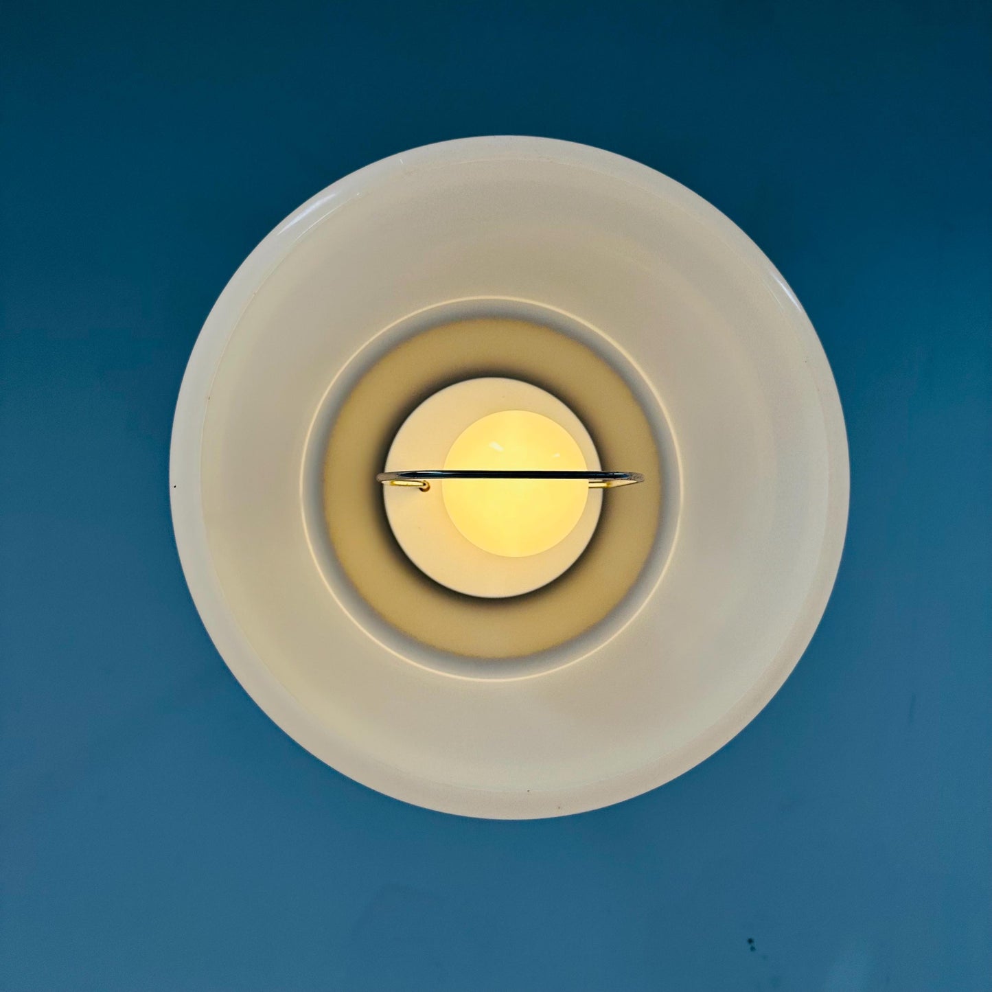Mid Century Plexiglass Space Age Pendant Lamp with White Acrylic Shade and orange top 1970s