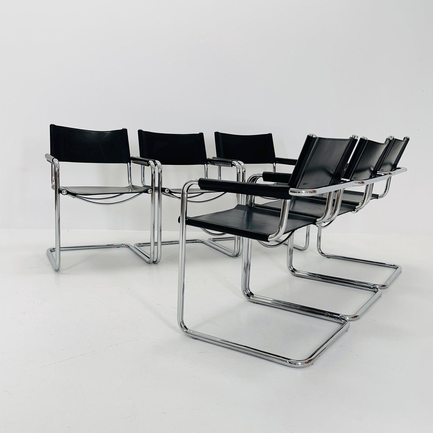 Set of 6 Mid century B34 Matteo Grassi Mg5 black leather cantilever chairs by Mart Stam italy 1980s