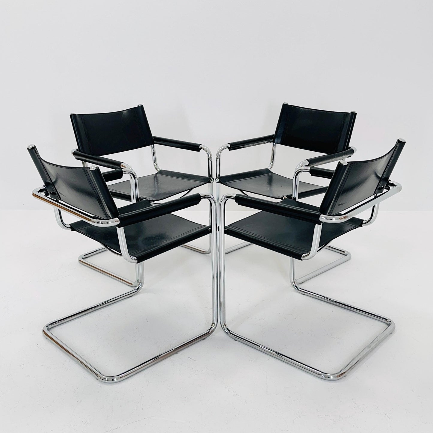 Set of 4 Mid century B34 Matteo Grassi Mg5 black leather cantilever chairs by Mart Stam italy 1980s