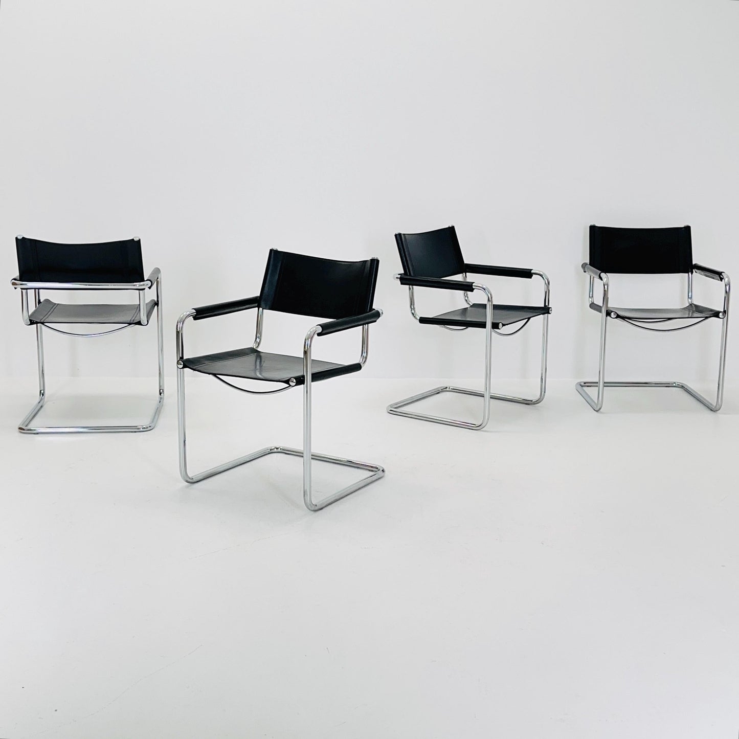 Set of 4 Mid century B34 Matteo Grassi Mg5 black leather cantilever chairs by Mart Stam italy 1980s