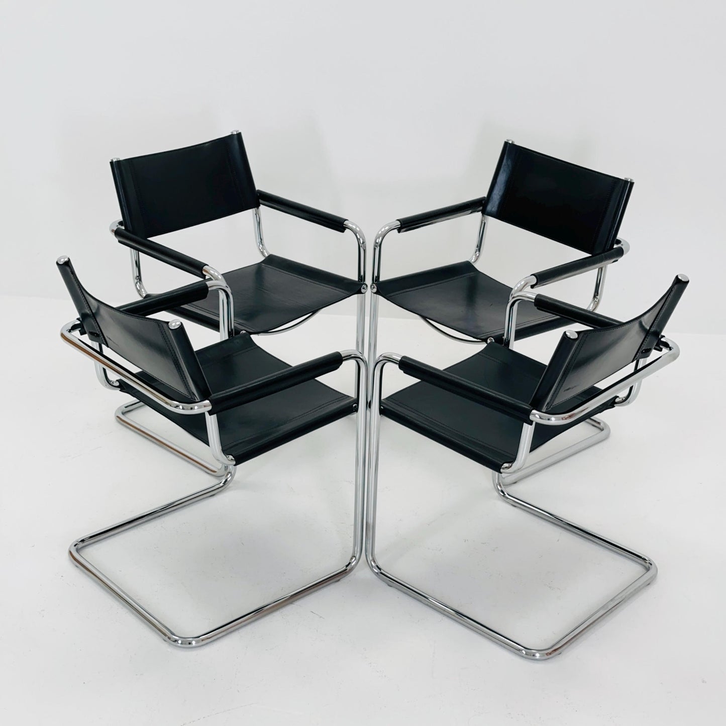 Set of 4 Mid century B34 Matteo Grassi Mg5 black leather cantilever chairs by Mart Stam italy 1980s