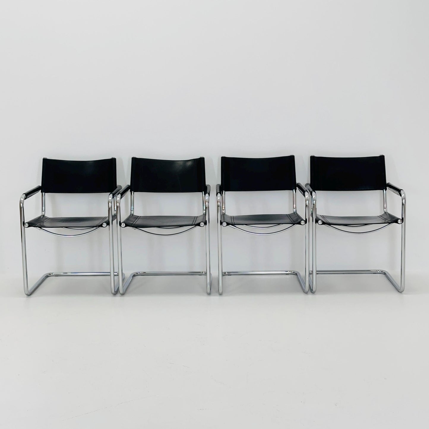 Set of 4 Mid century B34 Matteo Grassi Mg5 black leather cantilever chairs by Mart Stam italy 1980s