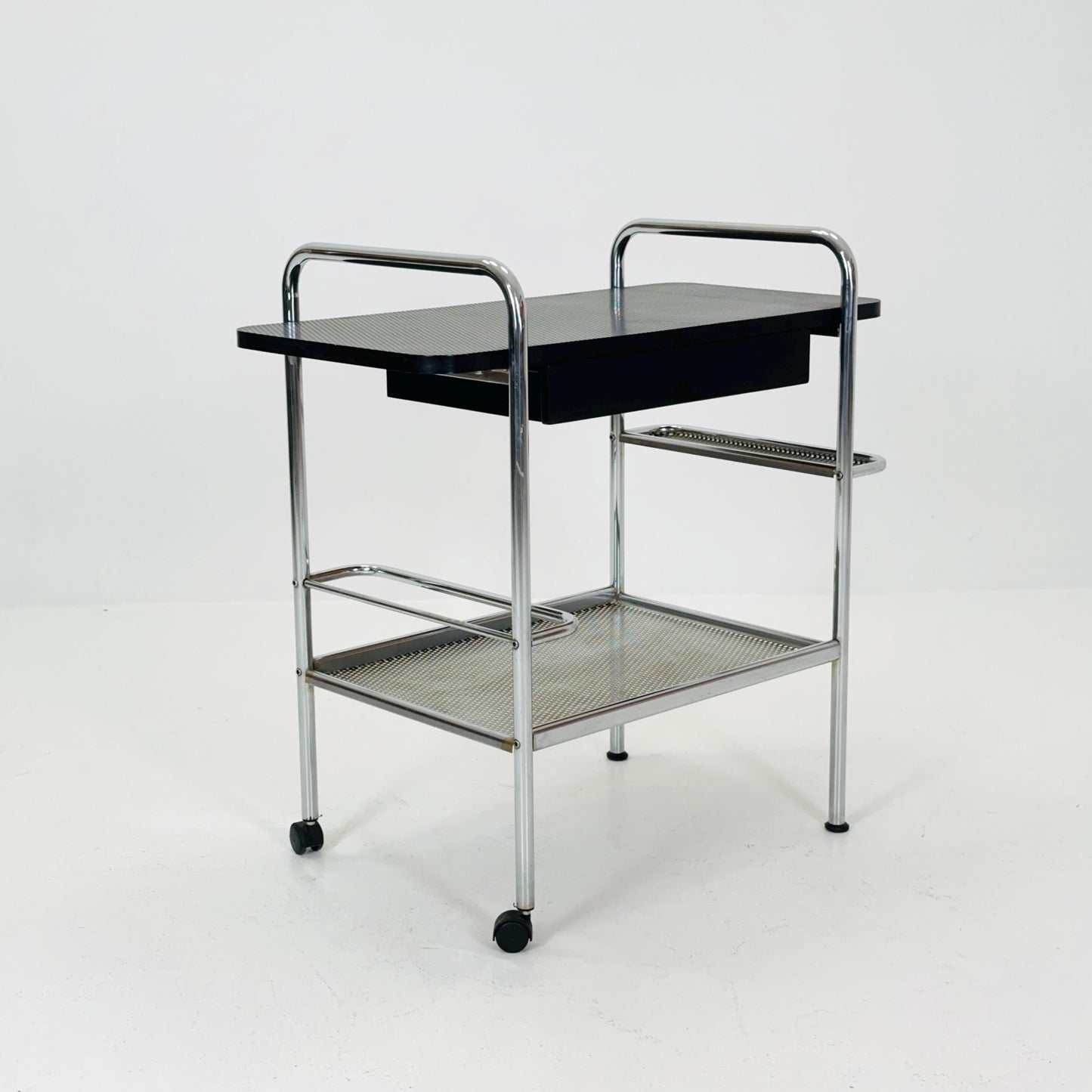 Mid Century Bauhaus Bar Cart, Tubular Chrome & Black Serving Trolley 1980s Germany
