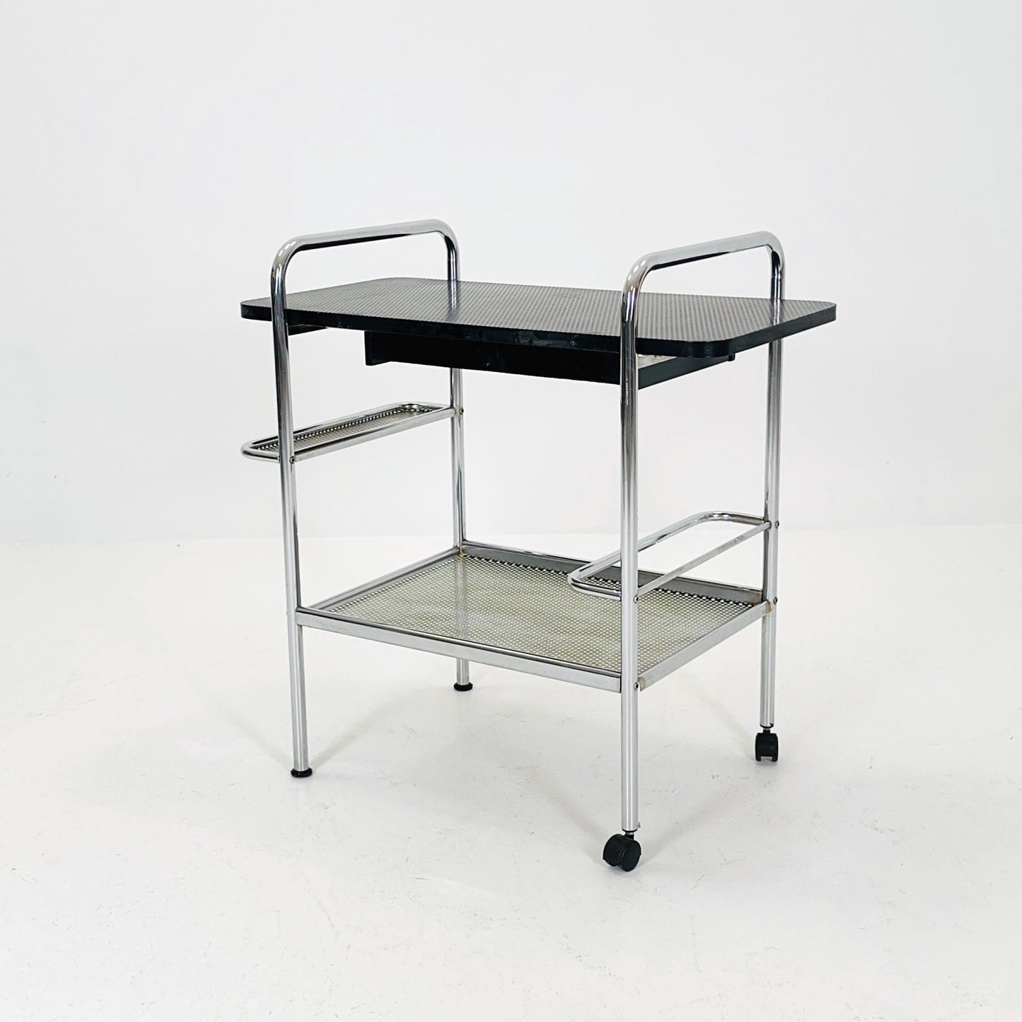 Mid Century Bauhaus Bar Cart, Tubular Chrome & Black Serving Trolley 1980s Germany
