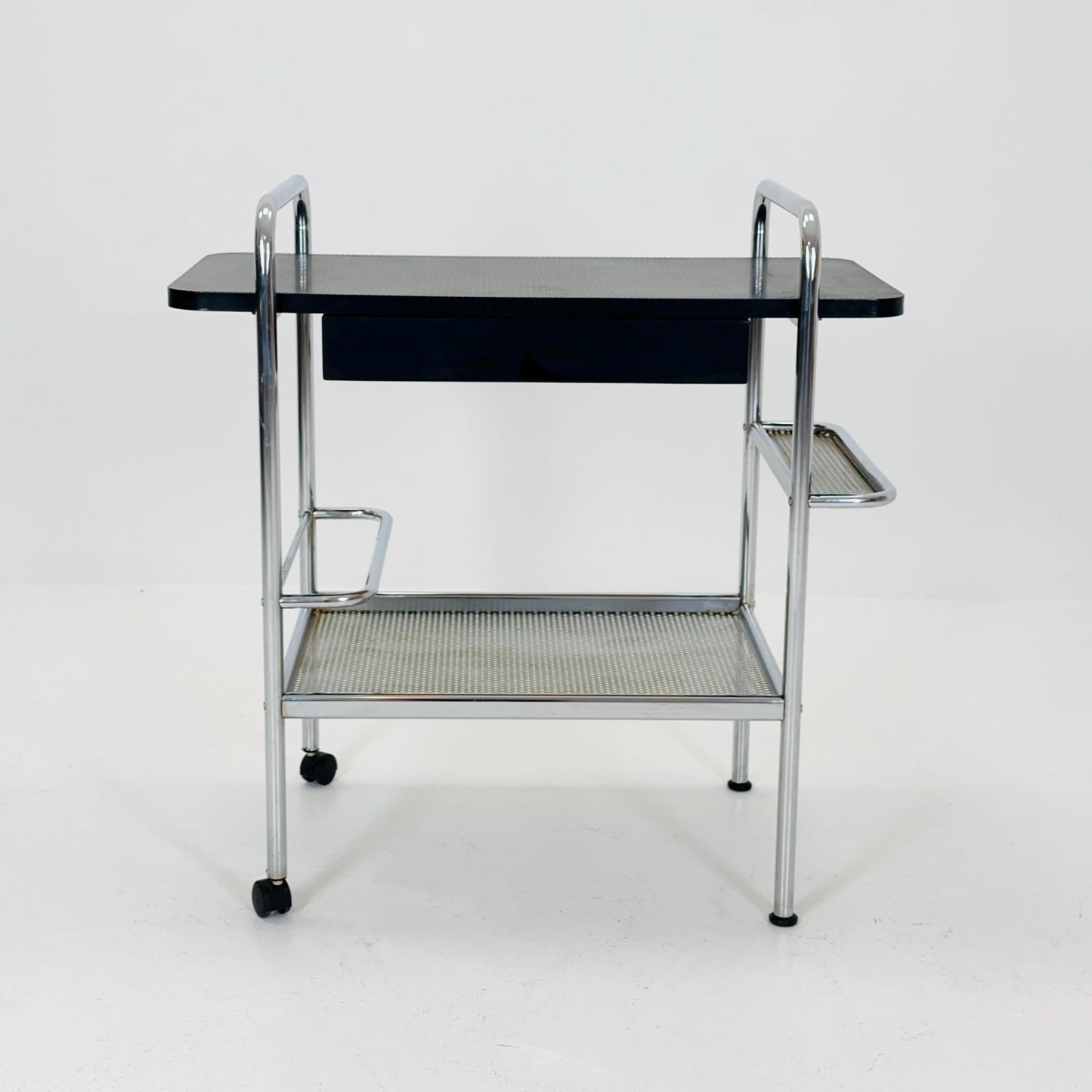Mid Century Bauhaus Bar Cart, Tubular Chrome & Black Serving Trolley 1980s Germany